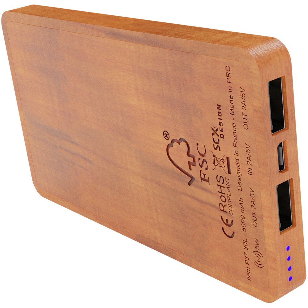 SCX.design P37 5000 mAh kabellose Powerbank aus Holz mit Leuchtlogo