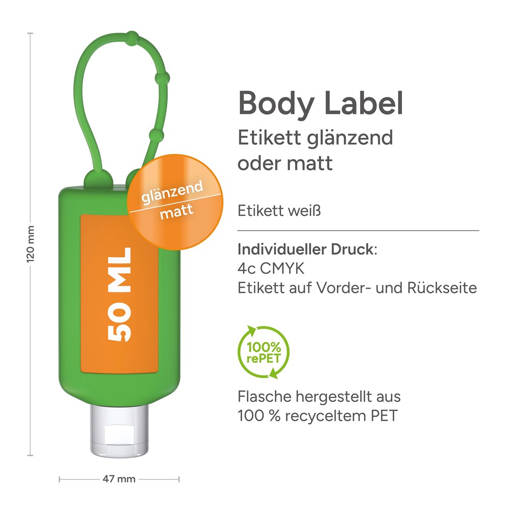 Sonnenmilch LSF 30, 50 ml Bumper grün, Body Label (R-PET)