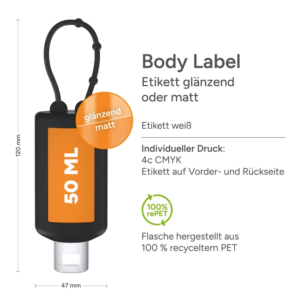 Sonnenmilch LSF 30, 50 ml Bumper (schwarz), Body Label (R-PET)