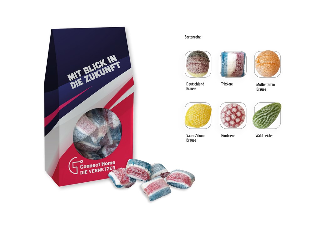 Beutelschachtel mit Bonbons 60 g  ,  Inhalt:  Bonbons Trikolore