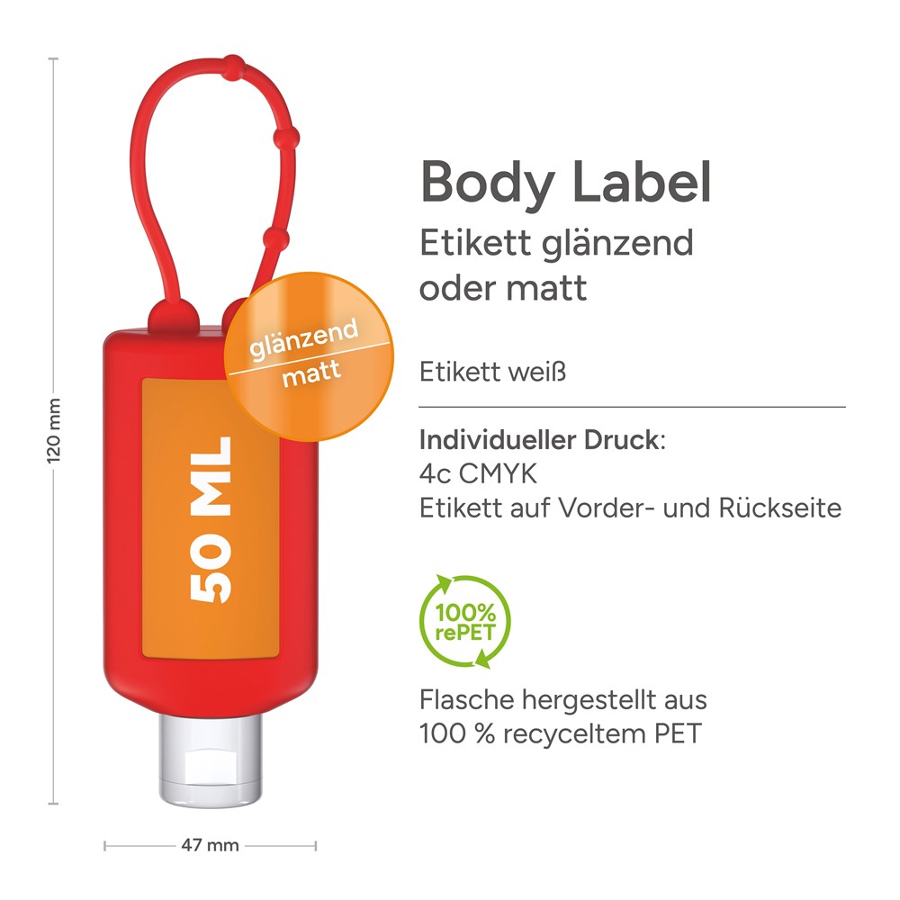 Sonnenmilch LSF 30, 50 ml Bumper rot, Body Label (R-PET)