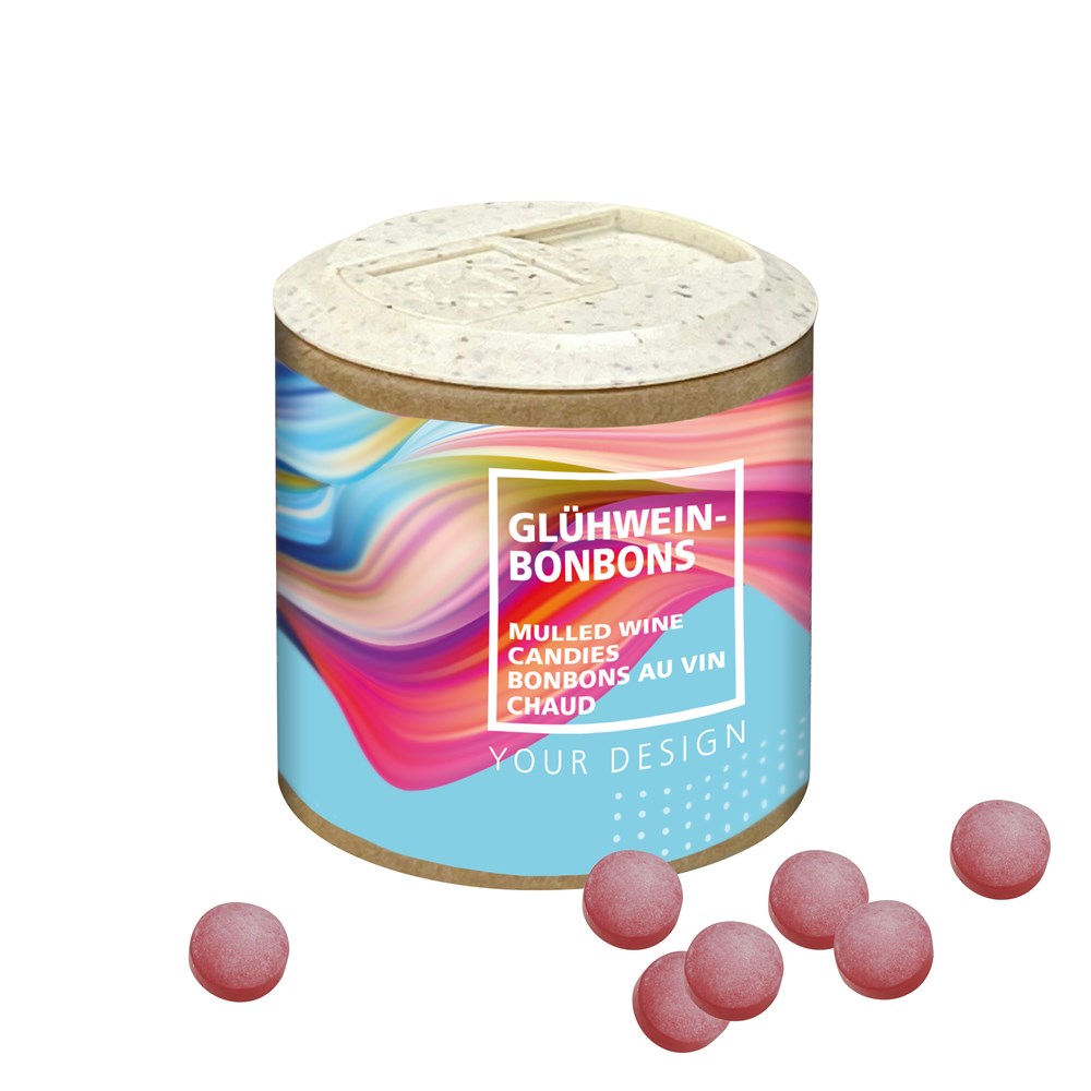 Papier-Werbedose mit Glühweinbonbons - kleine Menge